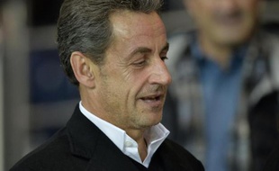 Le candidat à la présidence de l'UMP Nicolas Sarkozy au Parc des Princes, à Paris, lors de la rencontre entre le Paris Saint-Germain et l'AS Monaco, le 5 octobre 2014