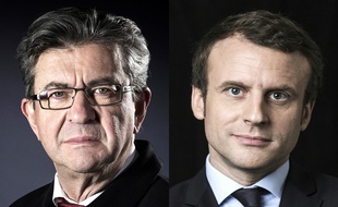 Montage AFP de Jean-Luc Mélenchon et d'Emmanuel Macron.
