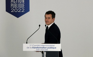 Le ministre de l'Action et des Comptes publics Gérald Darmanin le 1er février 2018 à Paris, après le premier comité interministériel sur la transformation du service public.