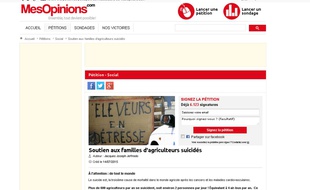 Capture d'écran du site Mesopinions.com montrant la pétition de Jacques Jeffredo, un maraîcher breton, qui veut instaurer une Journée nationale en mémoire des suicidés dans l'agriculture le 11 octobre.