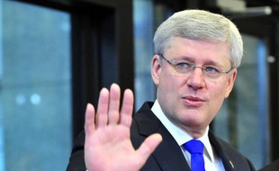 Le Premier ministre canadien Stephen Harper, ici à Bruxelles le 5 juin 2014, pourrait voir sa campagne perturbée par d'éventuelles révélation de la part de Mike Duffy
