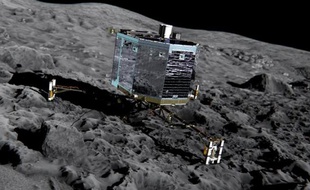 Vue d'artiste fournie le 20 décembre 2013 par l'ESA montrant le robot Philae sur la comète 67P/Churyumov-Gerasimenko, surnommée "Tchouri"