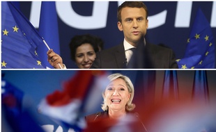 En haut, Emmanuel Macron à Nantes le 19 avril 2017. En bas: Marine Le Pen le 11 avril 2017 à Arcis-sur-Aube. Notez que les drapeaux ne sont pas les mêmes.