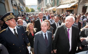 Marseille le 29 aout 2011 - Le ministre de l'interieur Claude GUEANT en visite dans le quartier de la porte d'aix avant de présenter le nouveau préfet de police Alain GARDERE. Ici avec le maire de Marseille Jean Claude GAUDIN