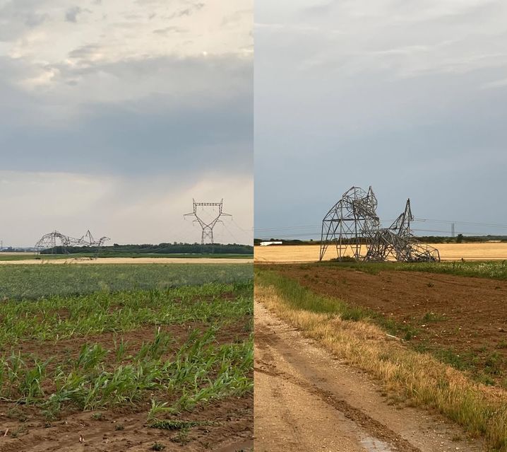 Sept pylônes d'un même secteur, portant deux lignes à très haute tension 400.000 volts, ont été couchés par les vents violents mercredi soir, dans le Loir-et-Cher. 