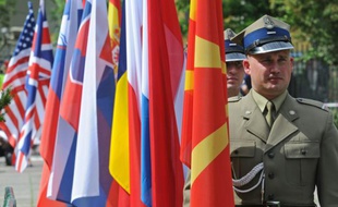Des soldats polonais portent les drapeaux de pays participant à l'exercice militaire Anaconda, le 6 juin 2016 en Pologne