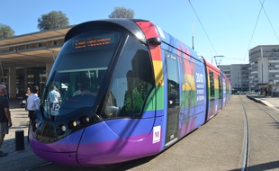 Le tramway de Montpellier aux couleurs du Rainbow flag