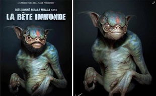 A gauche, l'affiche du spectacle de Dieudonné, à droite, l'oeuvre de l'artiste Ken Barthelmey.