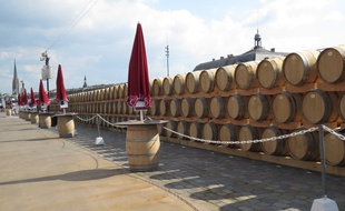 A Bordeaux, juin 2014, les tonneaux entreposes sur les quais a l'occasion de la fete du vin
