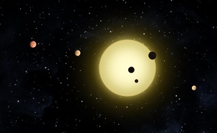 Vue d'artiste d'un système solaire à plusieurs planètes découvert par Kepler en 2011.
