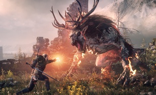 Geralt de Riv fac à un monstre dans The Witcher 3.