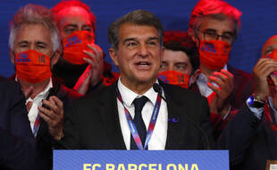 Joan Laporta lors de son élection à la tête du FC Barcelone, au Camp Nou le 7 mars 2021.