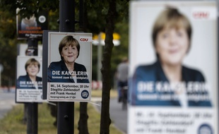 Des affiches de la CDU avec Angela Merkel, le 18 septembre 2016 à Berlin.