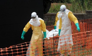 Des membres de l'organisation Médecins sans frontières (MSF) transportent le corps d'un malade décédé du virus Ebola, le 1er avril 2014 à Guekedou, en Guinée