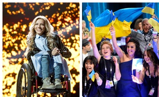 Ioulia Samoïlova, chanteuse choisie pour représenter la Russie à l’Eurovision 2017 et l’Ukrainienne Jamala (robe bleue), qui a remporté l’Eurovision 2016.