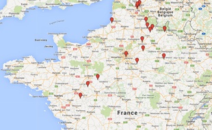 Capture d'écran Google map des stratégies des partis avant le second tour des départementales par 20 Minutes.
