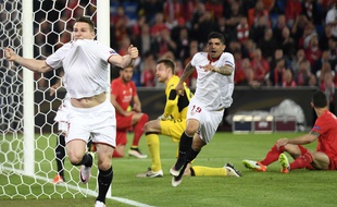 Bâle, le 18 mai 2016. - Kevin Gameiro, premier buteur du FC Séville face à Liverpool en finale de la Ligue Europa (3-1). C'est le troisième sacre consécutif du club andalou et de l'attaquant français dans cette compétition.