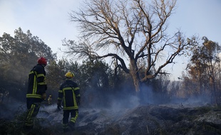 Des pompiers devant des fumerolles à Pietracorbara, en Corse, le 12 août 2017.