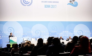 Le president de la republique francaise, Emmanuel Macron durant le sommet de la COP23 Bonn, Allemagne, le 15 novembre 2017.