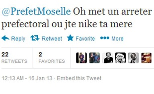 Capture d'écran d'un tweet adressé au préfet de Moselle le 16 janvier 2012.