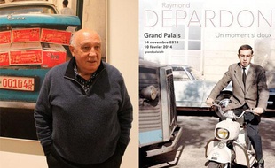 Raymond Depardon au Grand Palais, mardi 12 novembre 2013, et l'affiche de l'exposition.