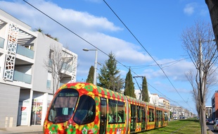 Le tramway de Montpellier, ici sur l'avenue de l'Europe à Castelnau-le-Lez.