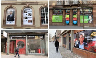 Les locaux de campagne des candidats aux élections municipales 2020 à Strasbourg. Dd gauche à droite (Vetter, Barseghian, Trautmann, Fontanel).