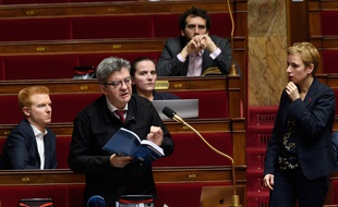 Adrien Quatennens, Jean-Luc Melenchon et Clementine Autain pendant les débats à l'Assemblée nationale sur le coronavirus le 22 février 2020.