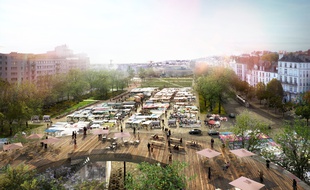 La future place de la Petite-Hollande un jour de marché et son bâtiment belvédère (dessin d'intention).