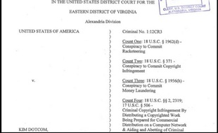 Première page de l'acte d'accusation à l'encontre de MegaUpload.