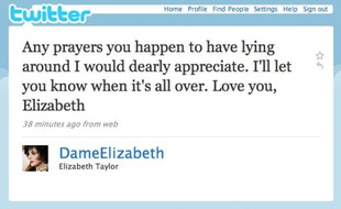 Capture d'écran du compte twitter d'Elizabeth Taylor, annonçant qu'elle entre à l'hôpital, le 6 octobre 2009.