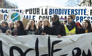 Emmanuelle Béart, personnalité engagée qui manifeste contre le réchauffement climatique à Paris le 16 mars 2019.
