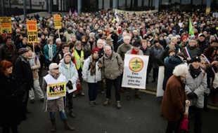 Des opposants au projet controversé d'aéroport de Notre-Dame-des-Landes, manifestent devant le palais de justice de Nantes, le 13 janvier 2015.