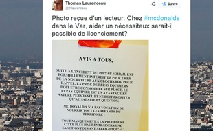 La note diffusée par un Mc Donald's de Hyères (Var)