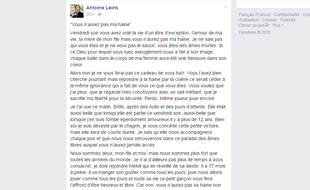 Capture d'écran du message posté sur Facebook par Antoine Leiris.