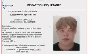 Kilyan Bacon, 17 ans et habitant à Auch, n'a pas donné signe de vie depuis le 1er juin.