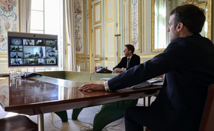 Emmannuel Macron lors d'un Conseil européen en visioconférence, jeudi 26 mars 2020.