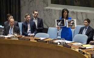 Nikki Haley, l'ambassadrice américaine à l'ONU, montre des photographies d'enfants syriens touchés par l'attaque chimique, lors du Conseil de sécurité de l'ONU le 5 avril 2017.