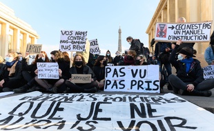 Manifestants place du Trocadéro à Paris contre la proposition de loi