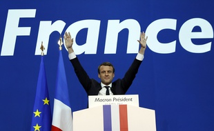 French presidential election candidate for the En Marche ! movement Emmanuel Macron delivers a speech at the Parc des Expositions in Paris, on April 23, 2017, after the first round of the Presidential election.
