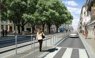 Image de synthèse de la future ligne D du tramway de Bordeaux, au niveau de la place Charles Gruet