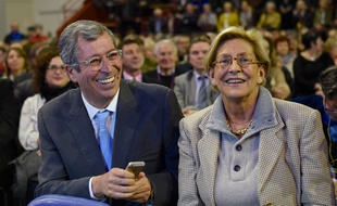 Patrick et Isabelle Balkany photographies lors du dernier Grand Meeting de Valerie Pecresse ( Les Republicains ) avant les Regionales a Rueil-Malmaison, le 3 décembre 2015.