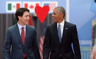 Justin Trudeau et Barack Obama lors du sommet des leaders nord-américains à Ottawa au Canada, le 29 juin 2016 (détail légèrement photoshoppé)