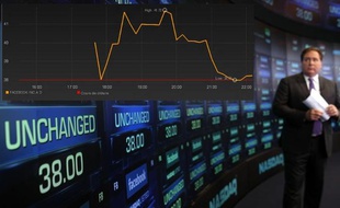 Le cours de l'action Facebook lors de son premier jour de cotation, le 18 mai 2012.