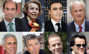Les principaux protagonistes du volet abus de faiblesse de l'affaire Bettencourt (de g à d et de h en b): Erix Woerth, Liliane Bettencourt, Pascal Wilhelm, Patrice de Maistre, Carlos Vejarano, Stéphane Courbit, Francois-Marie Banier, Martin d'Orgeval