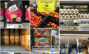 Fin décembre 2018, sélection aléatoire de produits dans un grand supermarché de l'ouest de La Réunion, où le prix de certaines denrées est 37% plus élevé qu'en métropole (chiffres Insee 2015).