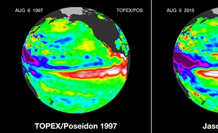 Comparaison des températures du Pacifique entre l'épisode El Niño de 1997 et celui de 2015.