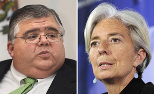 La ministre des finances française Christine Lagarde (droite) et le président de la Banque centrale mexicain(gauche), qui sont tous les deux candidats au poste de directeur général du FMI.