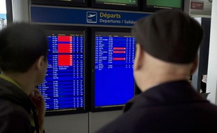 Des passagers regardent la liste des vols à l'aéroport de Lyon Saint-Exupery, le 17 décembre 2011.