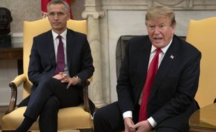 April 2, 2019 - Washington, District of Columbia, U.S. - United States President Donald J. Trump meets Jens Stoltenberg, Secretary General of the North Atlantic Treaty Organization (NATO) in the Oval Office of the White House in Washington, DC on Tuesday, April 2, 2019  (Credit Image: © Ron Sachs/CNP via ZUMA Wire) (Photo by Ron Sachs/Mondadori Portfolio/Sipa USA)/9.07022432/ZEUS/2211111411